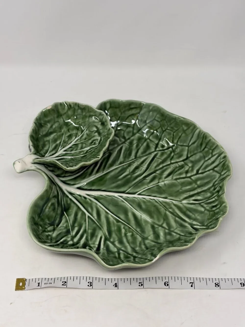 Bordallo Pinheiro cabbage leaf dish chips and dip Portugal green majolica